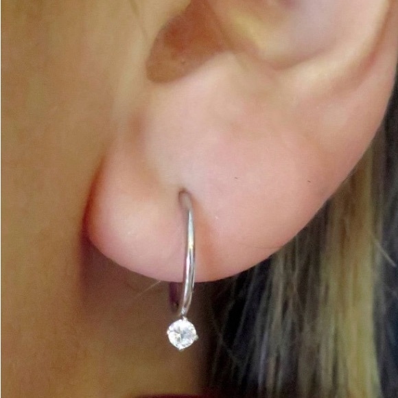 Dainty Silver Huggie Drop Hoop Earrings - Picture 1 of 6